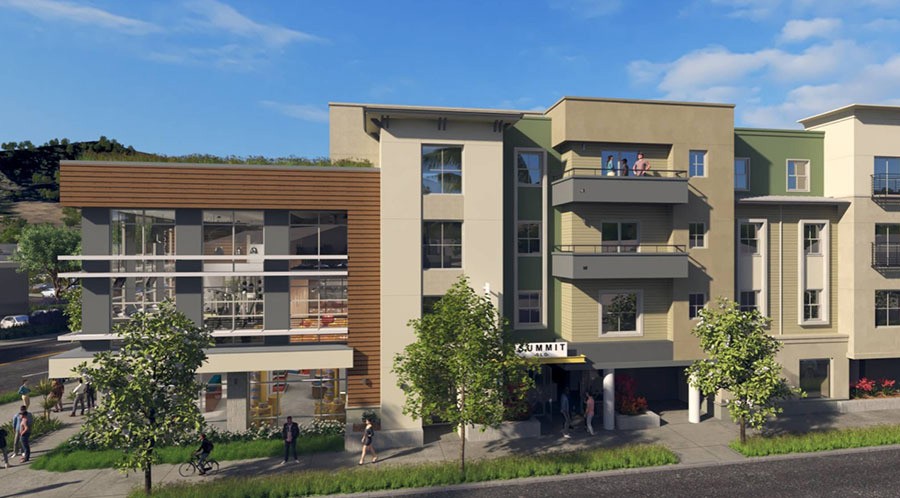 The 790 Foothill complex features an underground parking garage and eight 3-story residential buildings connected by a network of breezeways and courtyards.