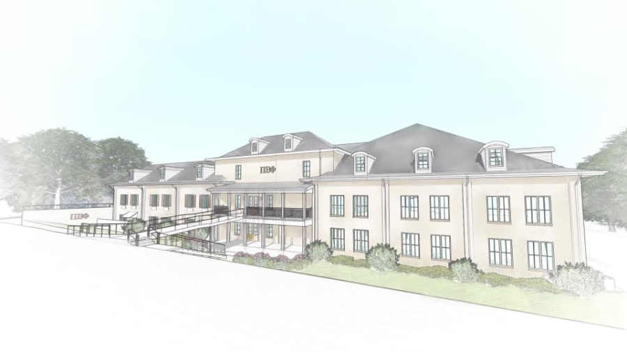 This artist rendering of the expanded Pi Beta Phi Fraternity House at Ole Miss show off the new dining and chapter rooms, a new dorm wing, and exterior renovations to the house.