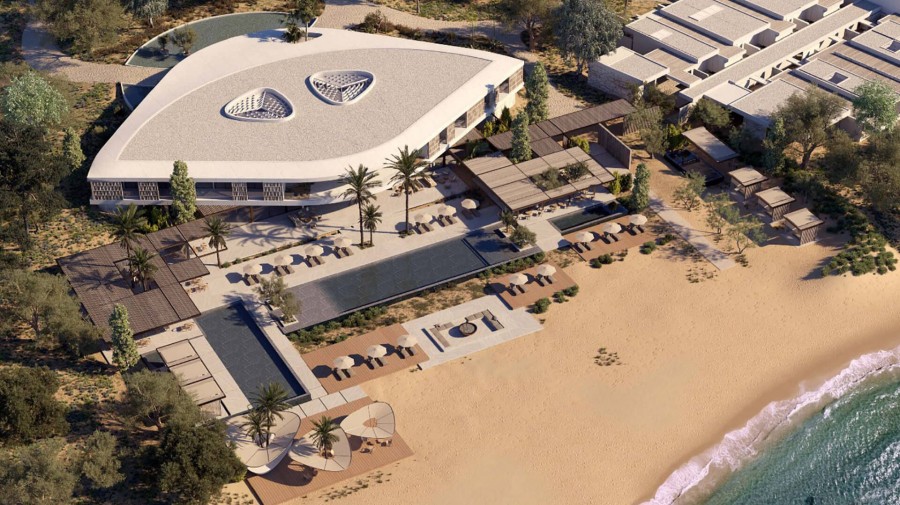 The 400-bed One&Only Aesthesis hotel in Glyfada features 127 rooms, suites, private villas with pools, two high-end restaurants, a spa, and exhibition spaces.
